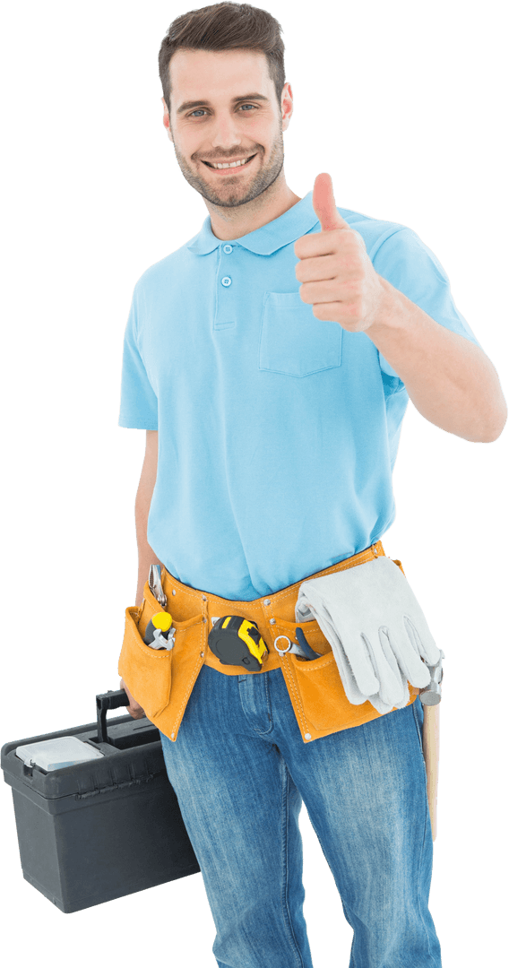Carpenter Smiling with Toolbox Giving Thumbs Up Transparent
