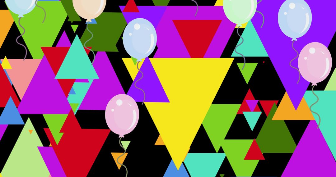 Colorful Triangles and Balloons on Black Background