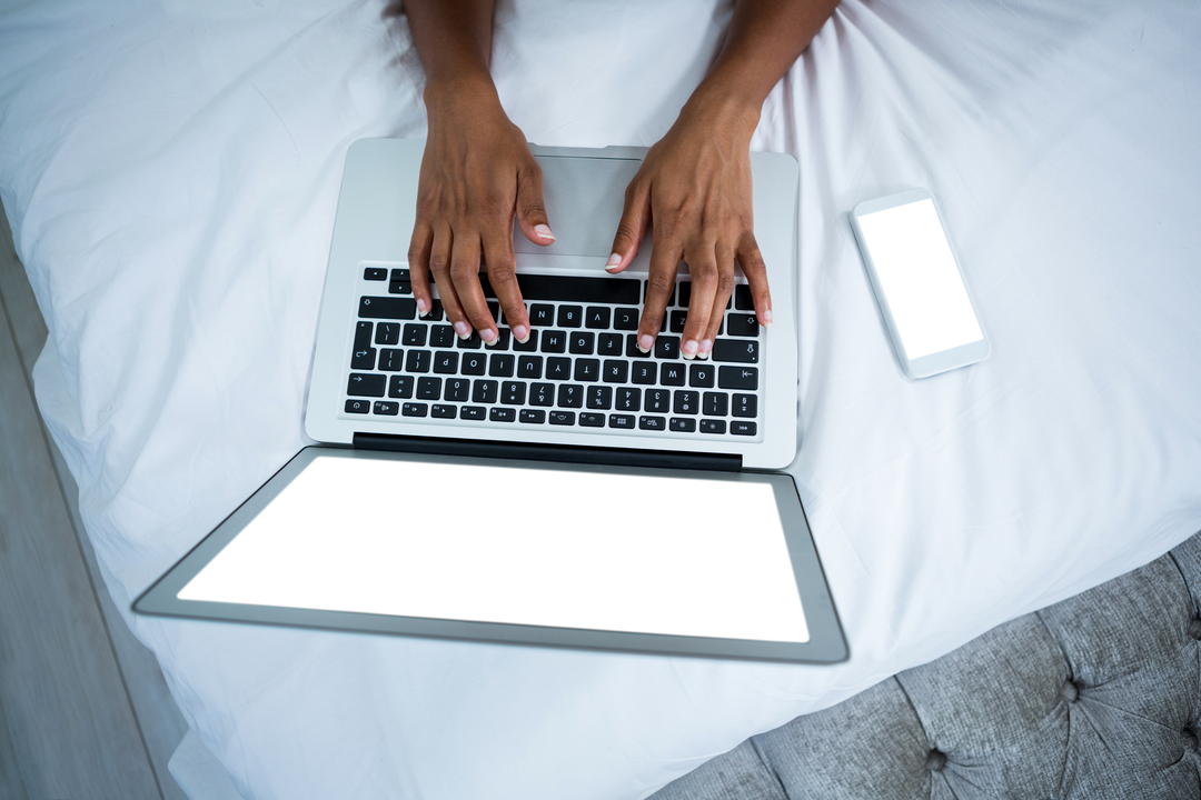 Transparent Laptop Screen on Bed with Typing Hands - Download Free Stock Images Pikwizard.com