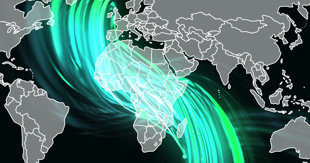 Glowing Green Light Trails With World Map Showing Global Connections