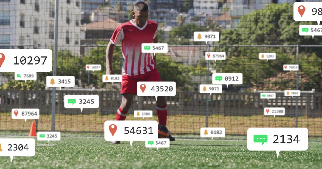 Soccer Player Dribbling with Data Overlay Insights