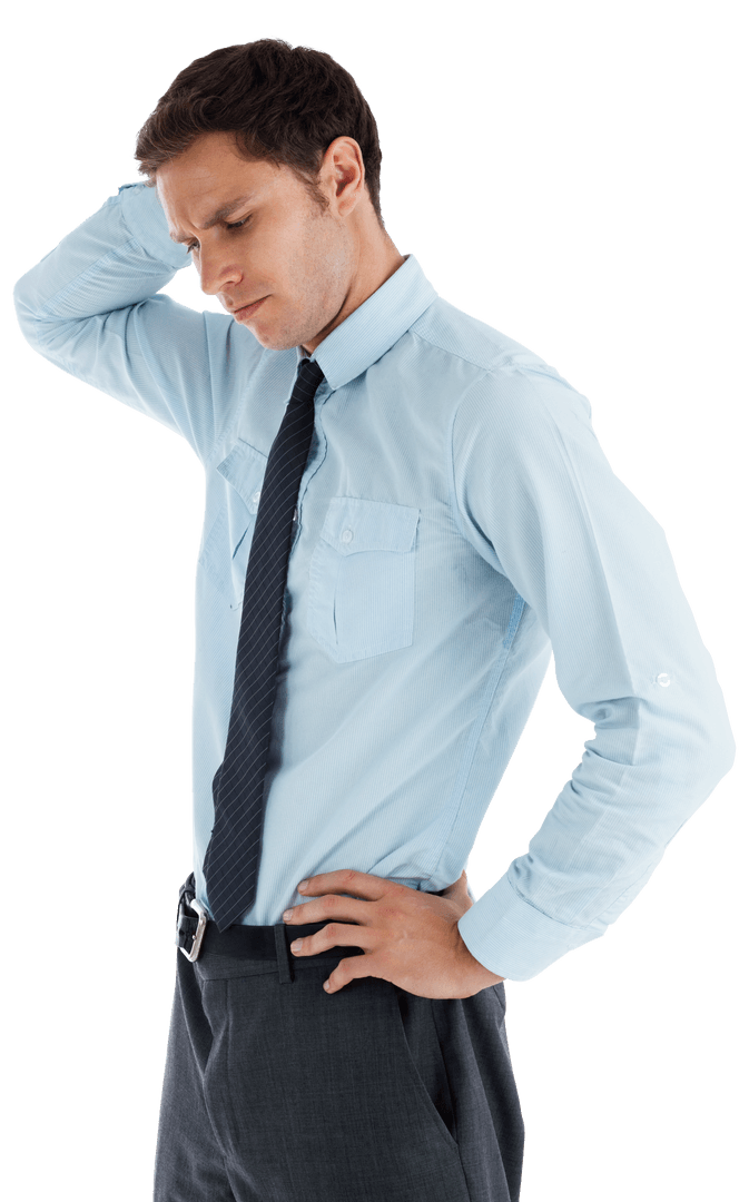 Transparent Businessman Pondering with Hand on Head