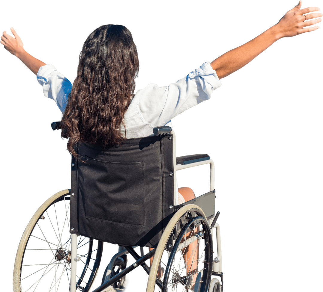 Confident Disabled Woman in Wheelchair with Open Arms on Transparent Background