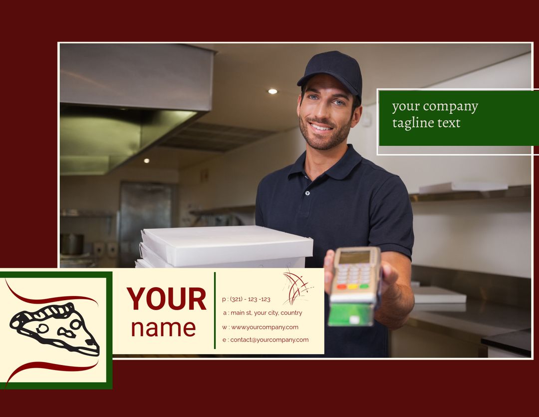 Smiling Delivery Man Presenting Contactless Payment in Kitchen