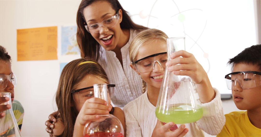 Diverse School Children Conducting Science Experiment in Classroom
