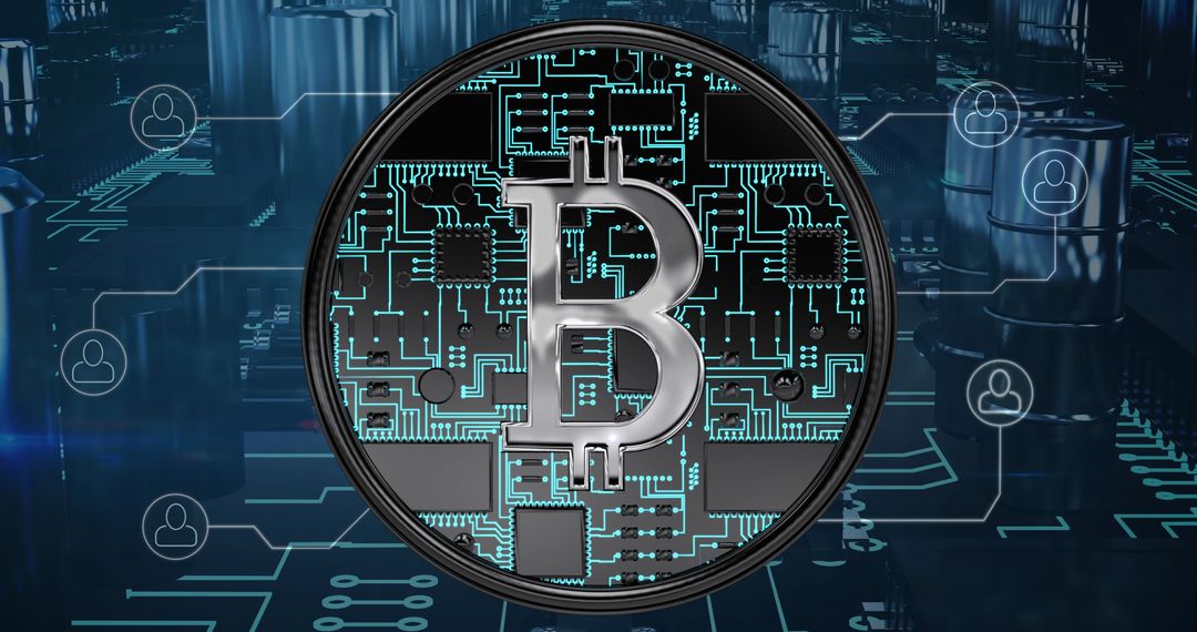Digital Bitcoin Over Circuit Board Background Representing Cryptocurrency