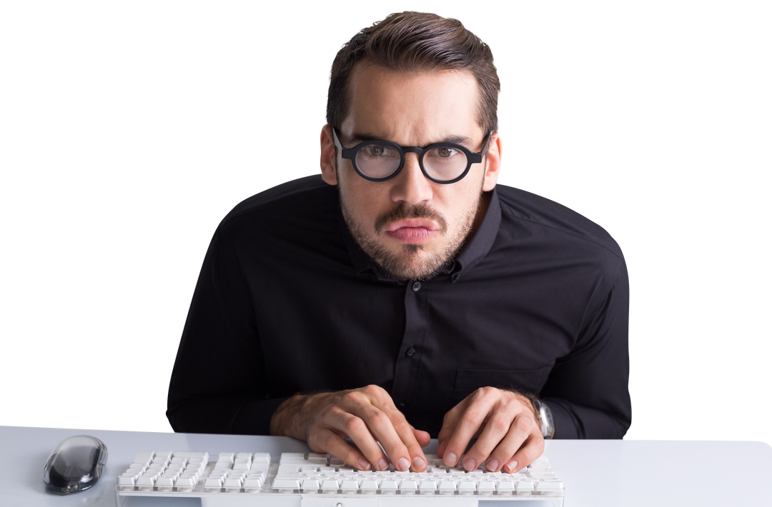 Concentrated Businessman with Glasses Typing on Keyboard for Transparent Use - Download Free Stock Images Pikwizard.com