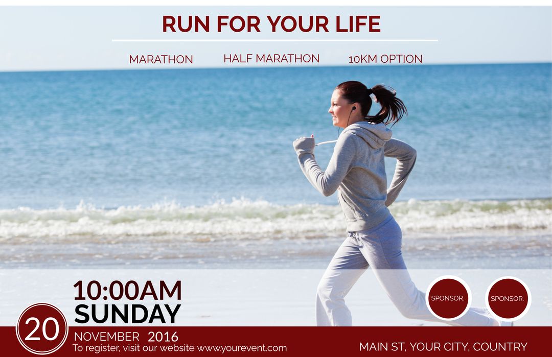 Focused Runner on Serene Beach for Fitness Event Promotion