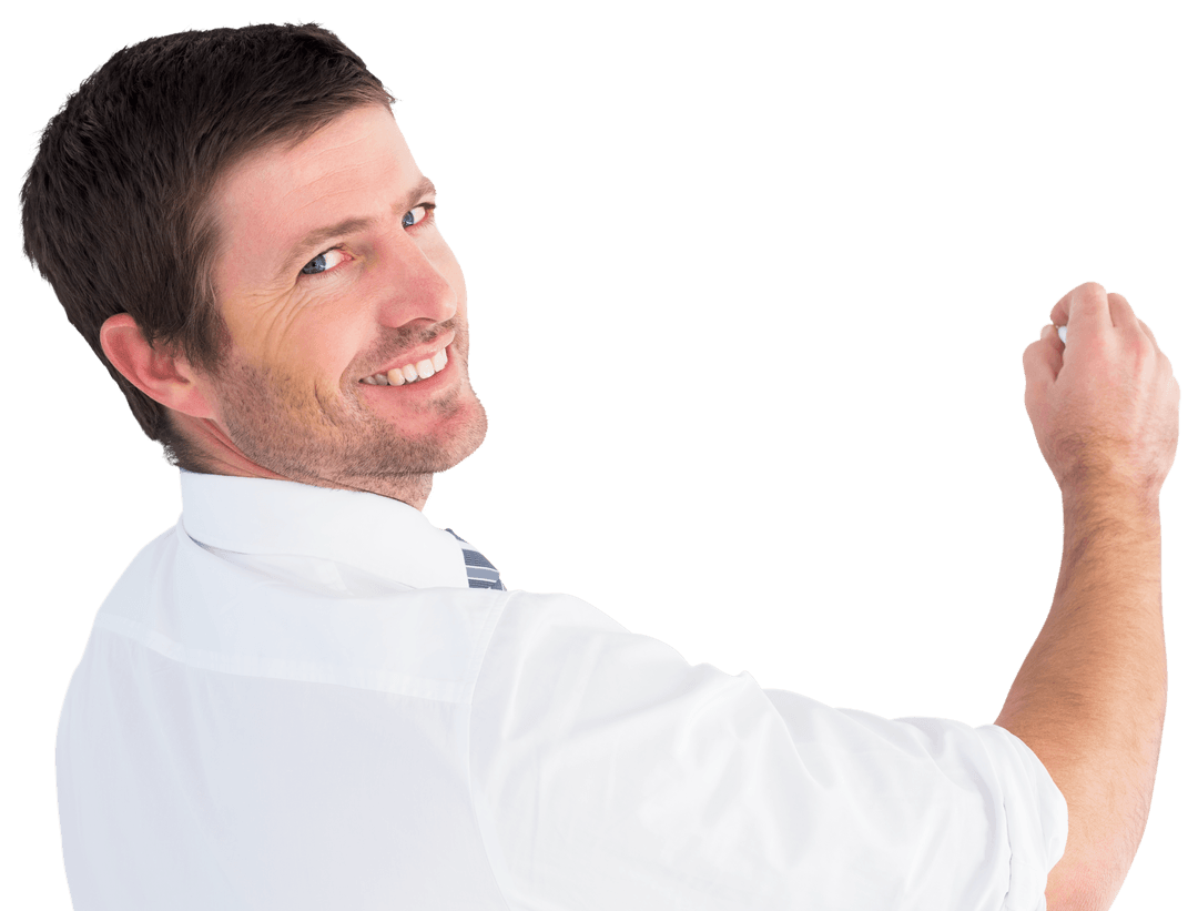 Confident Businessman Writing on Transparent Surface