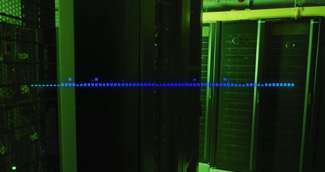 Server Room Glowing with Green LED Lights and Digital Waveform Display