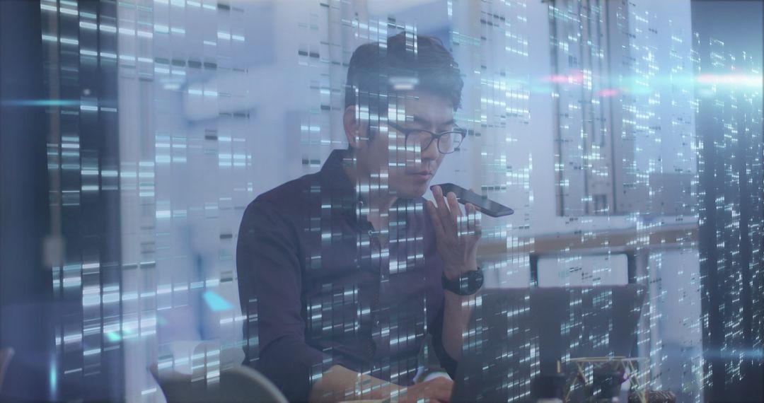 Businessman Using Laptop with Futuristic Digital Overlay