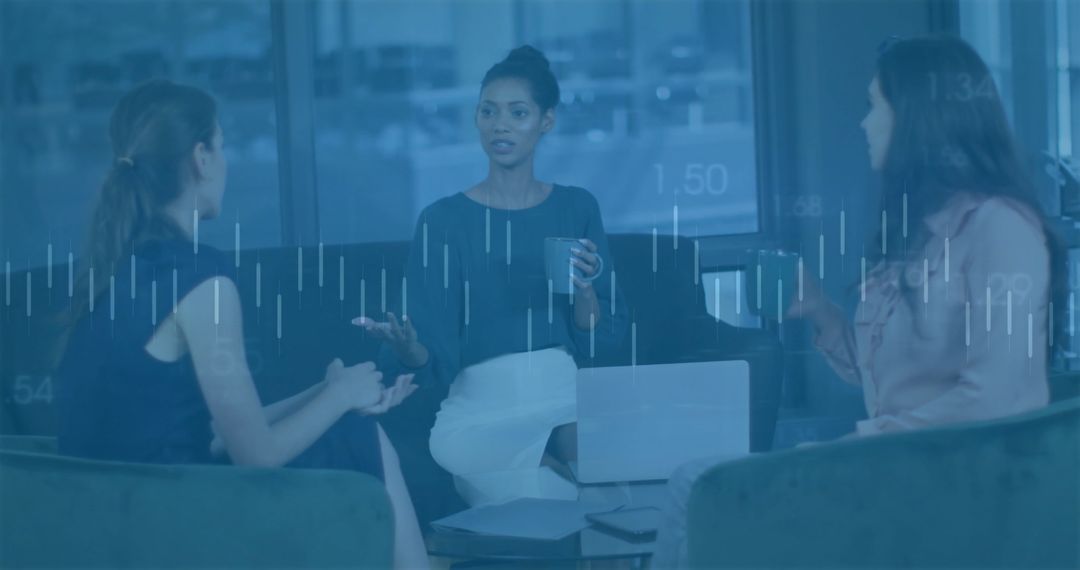 Diverse Colleagues Discussing Business Strategies with Data Overlay