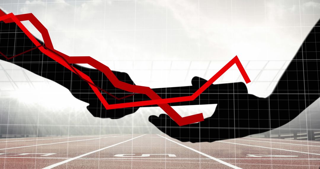 Hands Passing Baton Amid Rising and Falling Graphs on Track