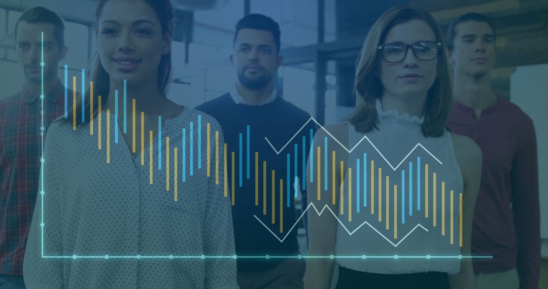 Diverse Team Analyzing Data with Overlayed Chart Visual
