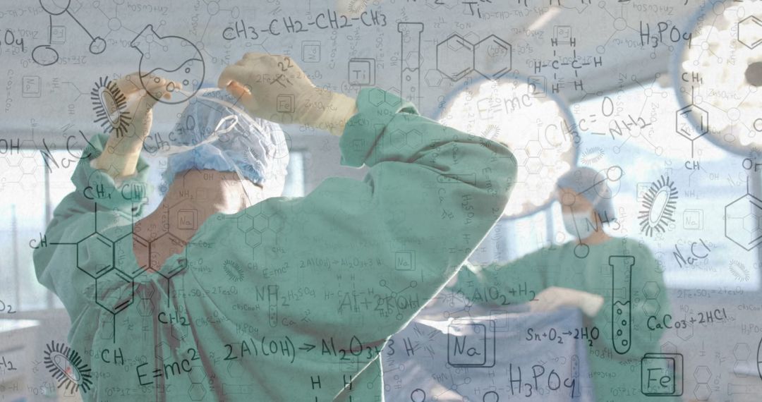 Surgeons Preparing in Operating Room with Chemical Illustrations Overlay
