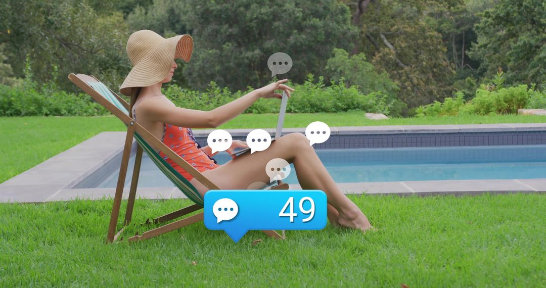 Woman Enjoying Leisure by Poolside with Social Media Alerts