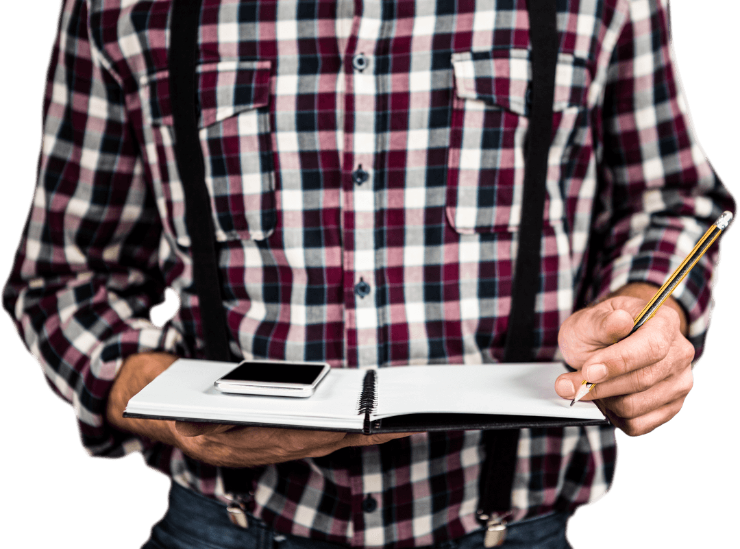 Transparent Hipster Man Writing in Notebook with Smartphone