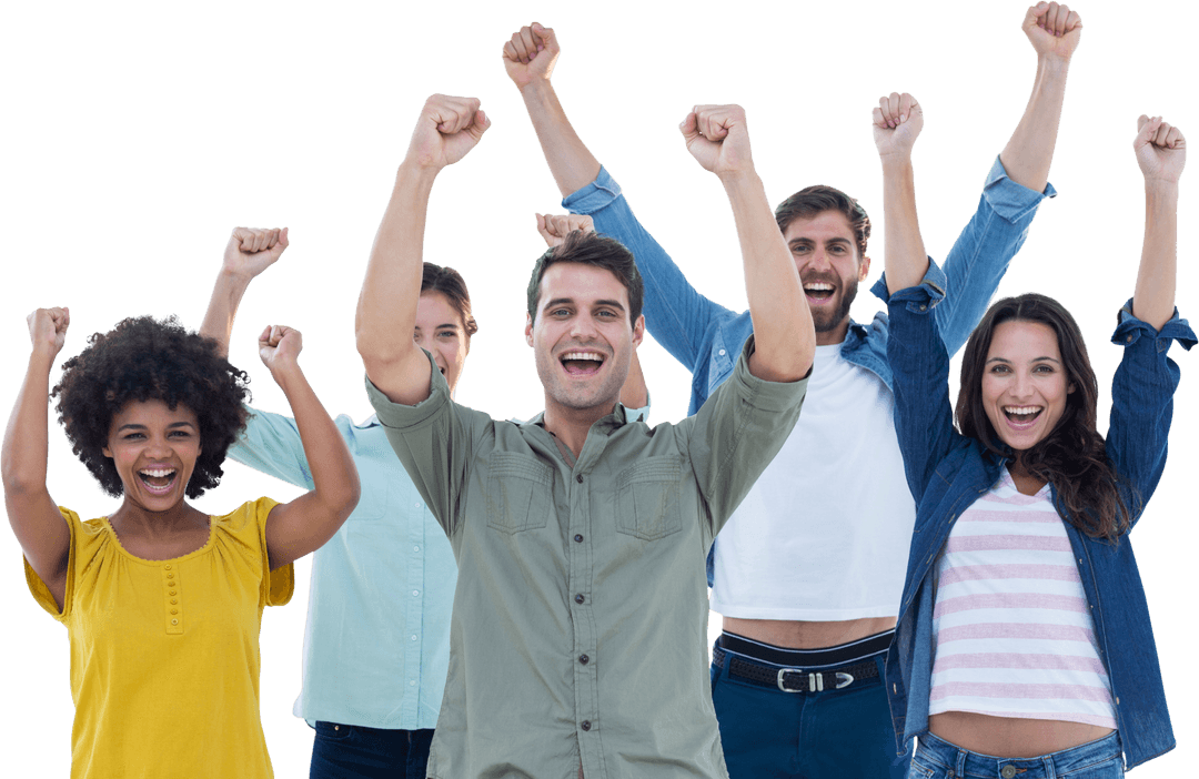 Diverse Team Celebrating Success with Raised Arms in Office