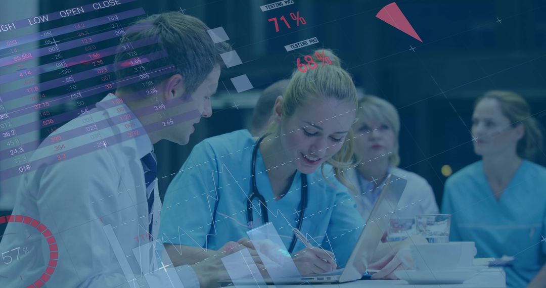 Doctors Analyzing Medical Data with Digital Technology Interface