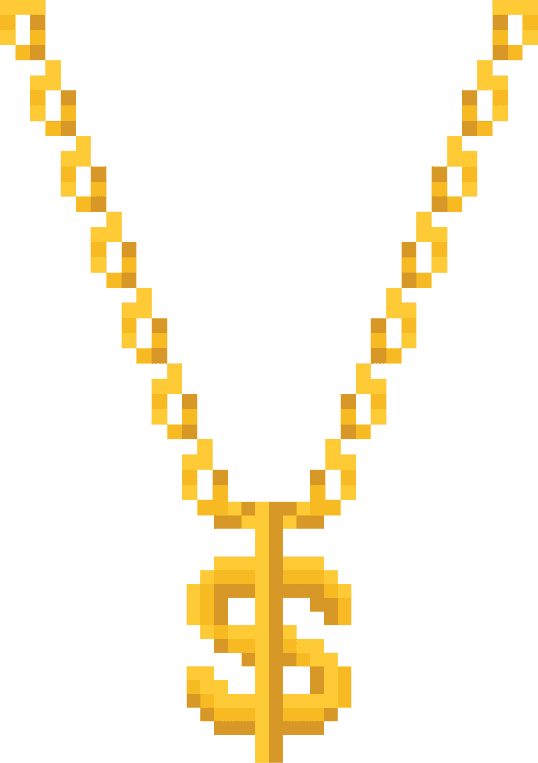 Retro Pixel Art Gold Chain Necklace with Dollar Sign on Transparent Background