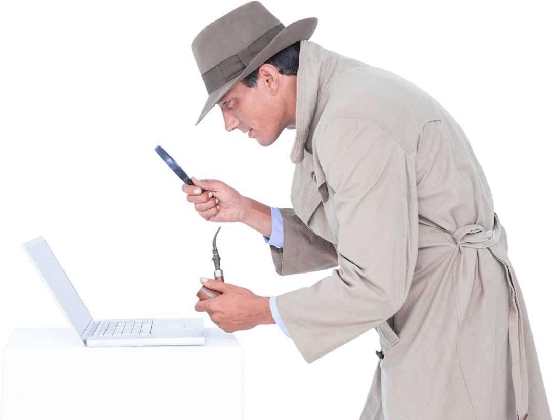 Sneaky Detective Analyzing Laptop with Magnifying Glass: A Transparent Look