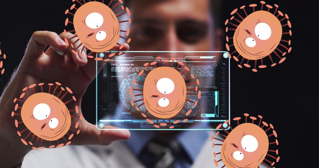 Doctor Analyzing Digital Virus Data with Illustrated Cells