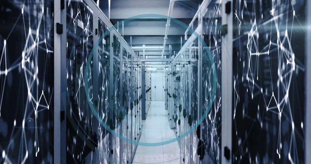 Futuristic Data Center with Digital Network and Server Racks