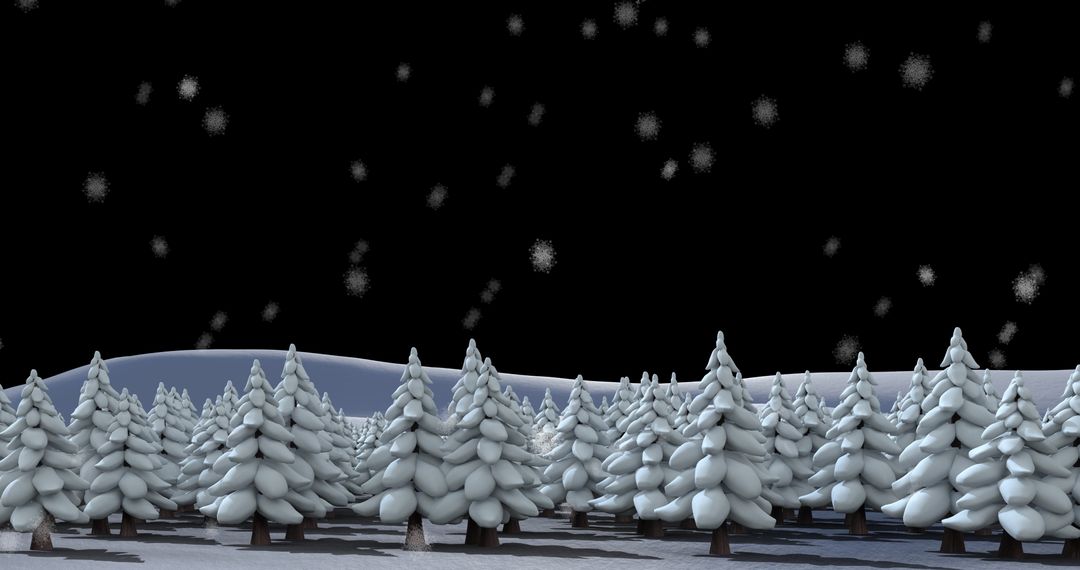 Snowy Forest Scene with Falling Snowflakes Under Dark Sky