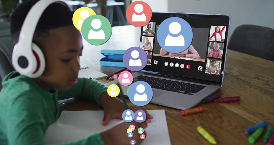 Child Engaging in Virtual Learning with Laptop and Headphones