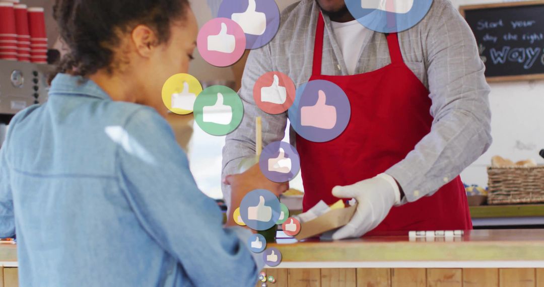 Customer Interaction in Modern Café with Digital Engagement Icons