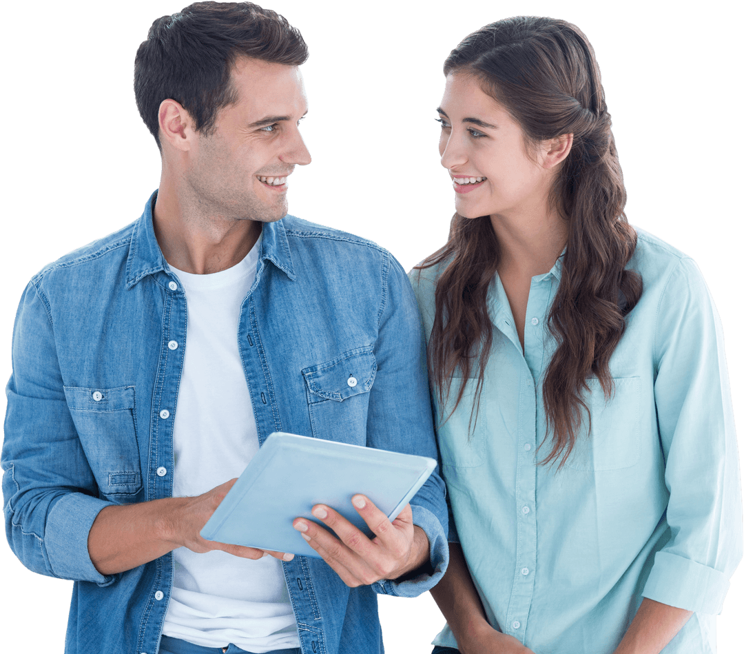 Smiling Couple Engaging with Tablet on Transparent Background