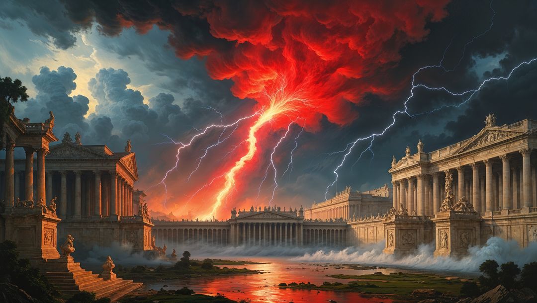Dramatic Red Storm Over Classical Monument Architecture