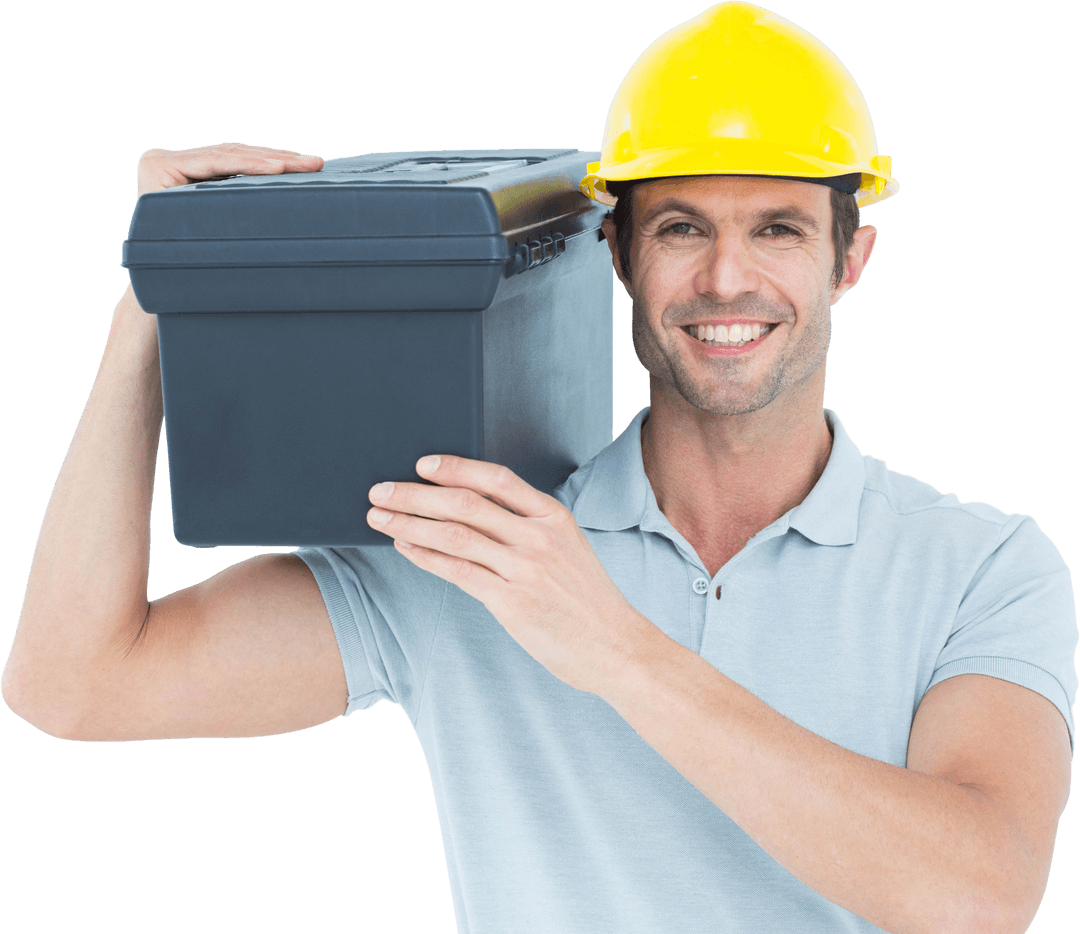 Transparent Happy Worker Carrying Toolbox on Shoulder