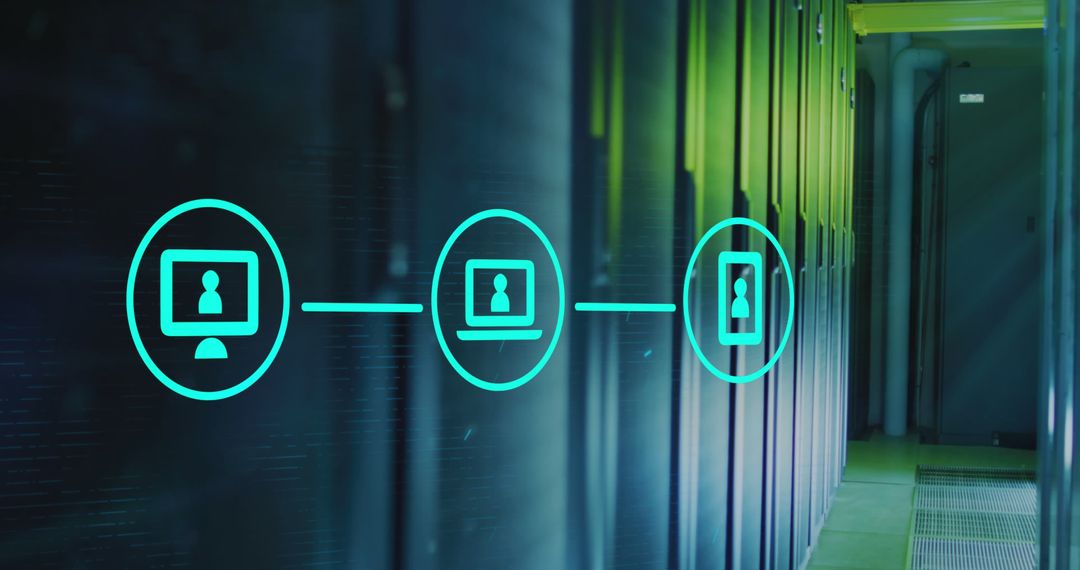 Digital Network Technology Overlaying Modern Server Room