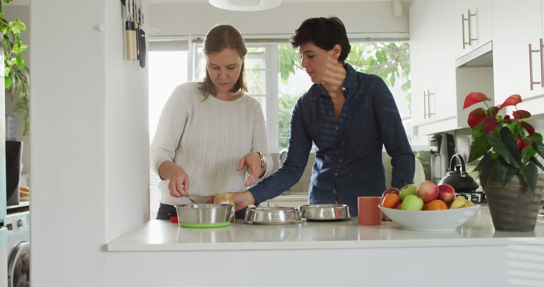 Caucasian lesbian couple preparing food for their dogs at home - Free Images, Stock Photos and Pictures on Pikwizard.com