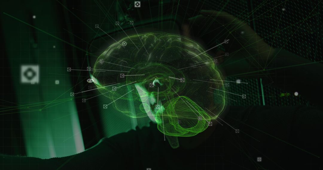 Digital Brain and Asian Man in Server Room Concept