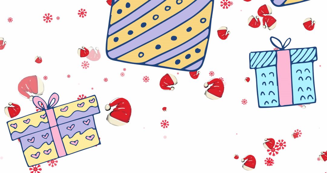 Festive Pattern with Colorful Gift Boxes and Small Santa Hats