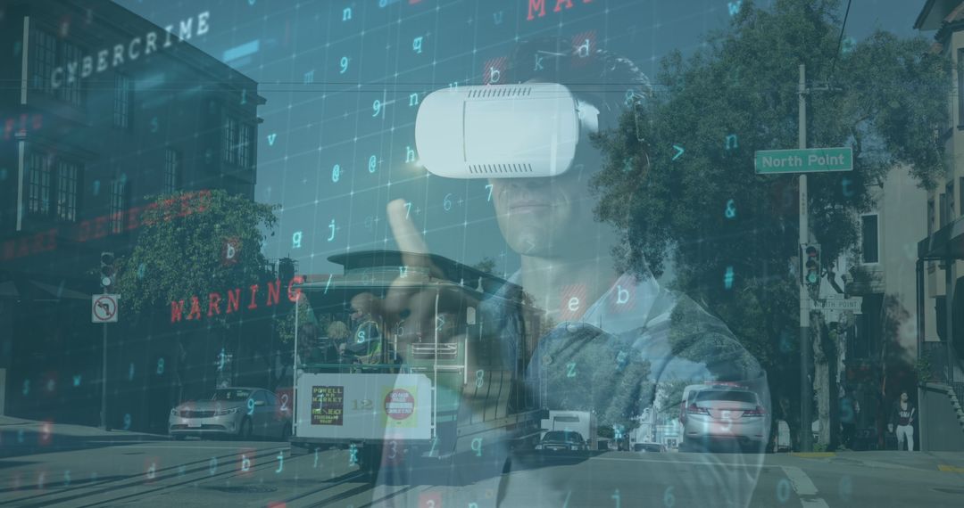 Man Using VR Headset for Cybersecurity with Digital Overlay in Cityscape