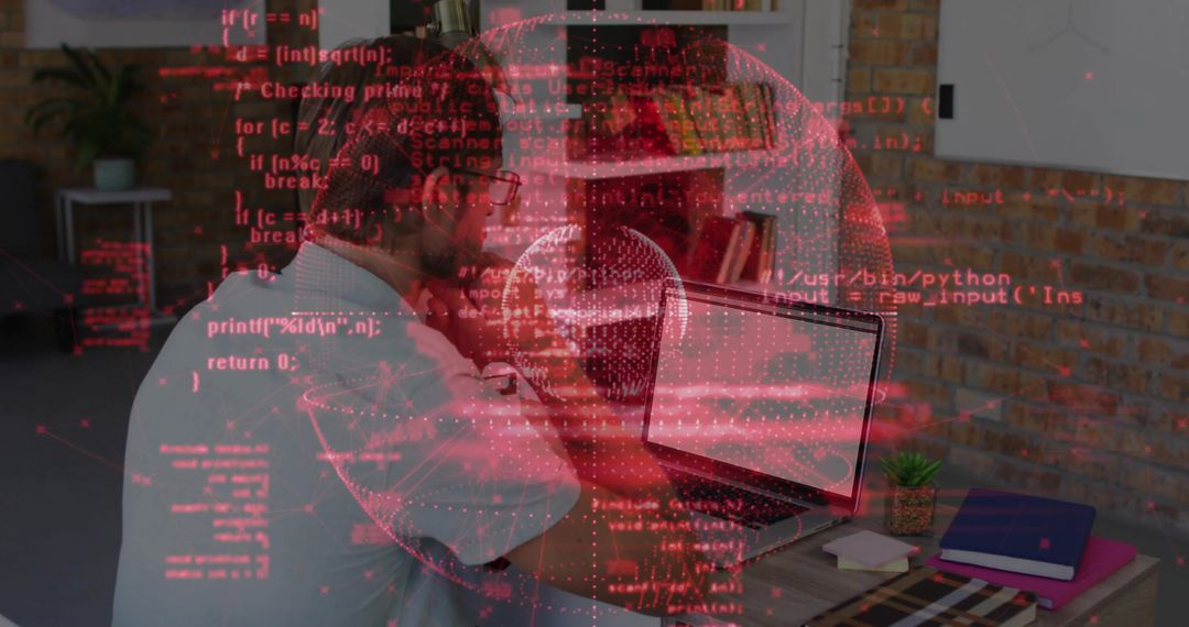 Middle-aged Man Holding Head Debugging Code on Laptop with Red Cybersecurity Data Overlay