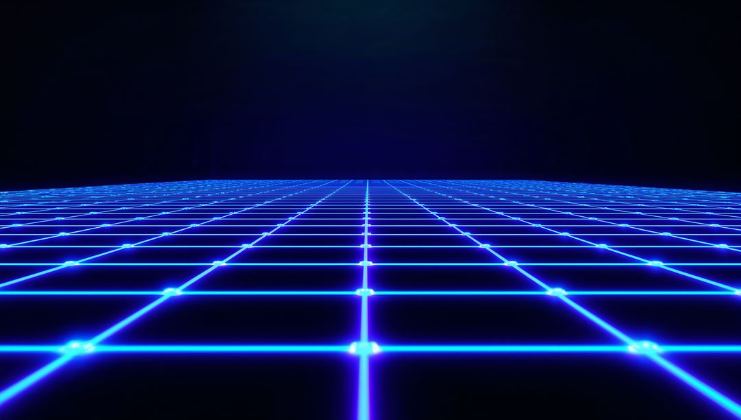 Electric Blue Neon Grid Converging to Horizon with Luminous Nodes and Futuristic Depth