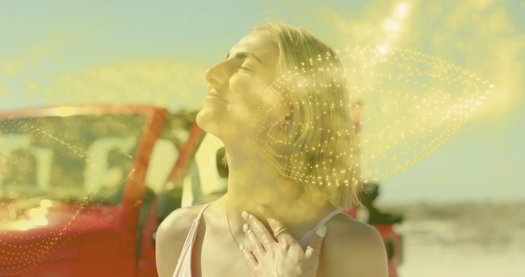 Woman Standing by Convertible with Energetic Golden Particles