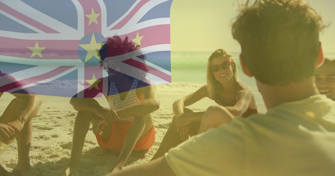 Friends Relax by Ocean with Niue Flag Overlay