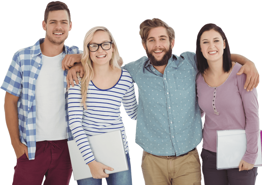 Transparent Smiling Group of Young Adults Embracing in Casual Attire