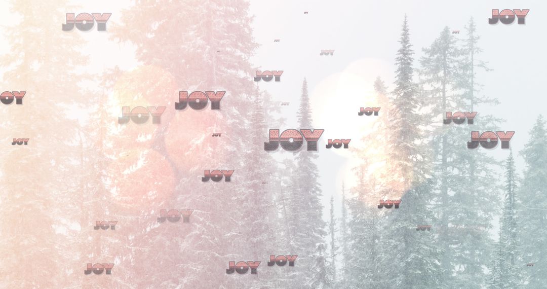 Repetitive Joy Text Over Fir Trees in Winter Celebration