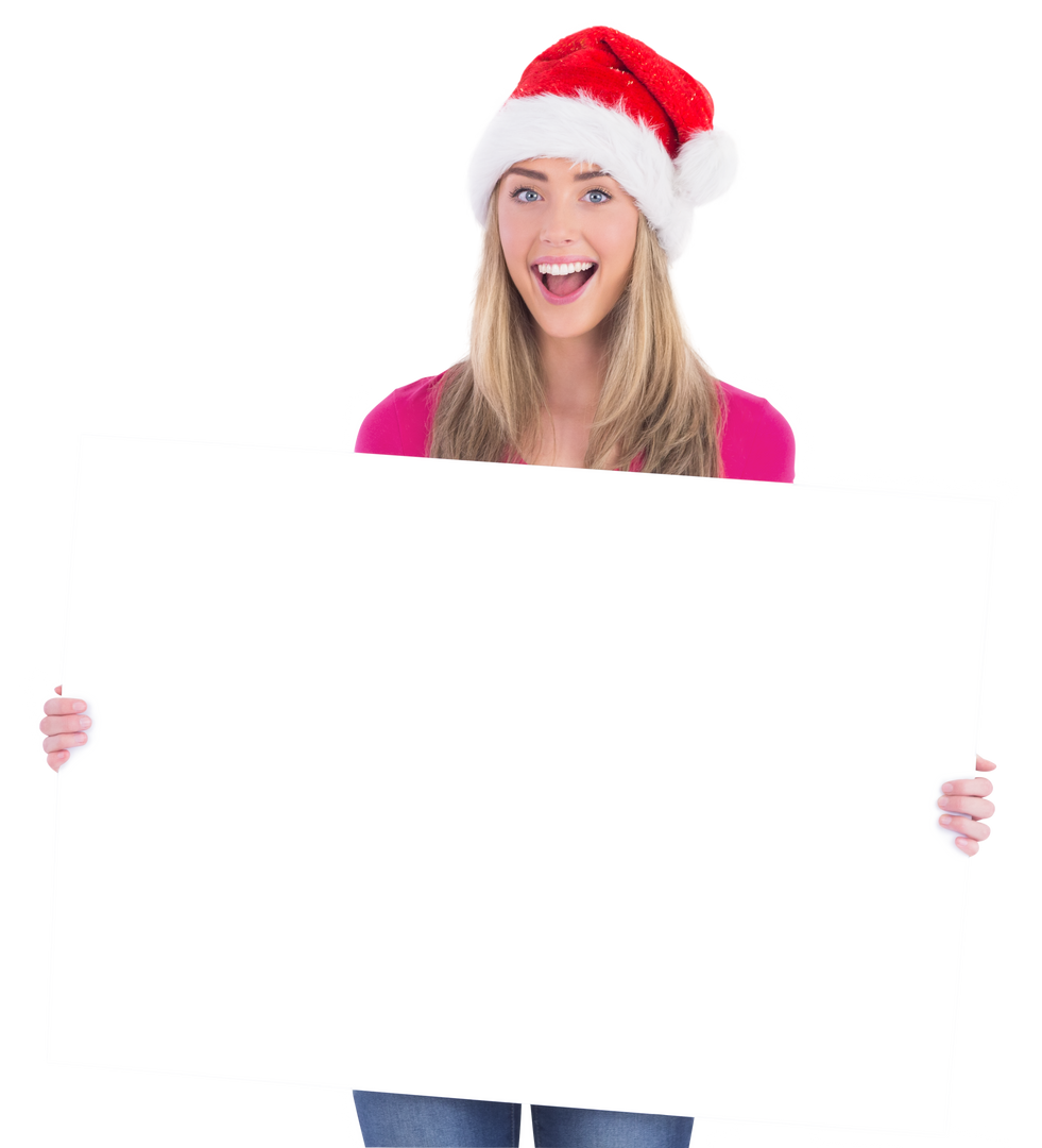 Smiling Festive Blonde Holding Transparent Blank Poster - Download Free Stock Images Pikwizard.com