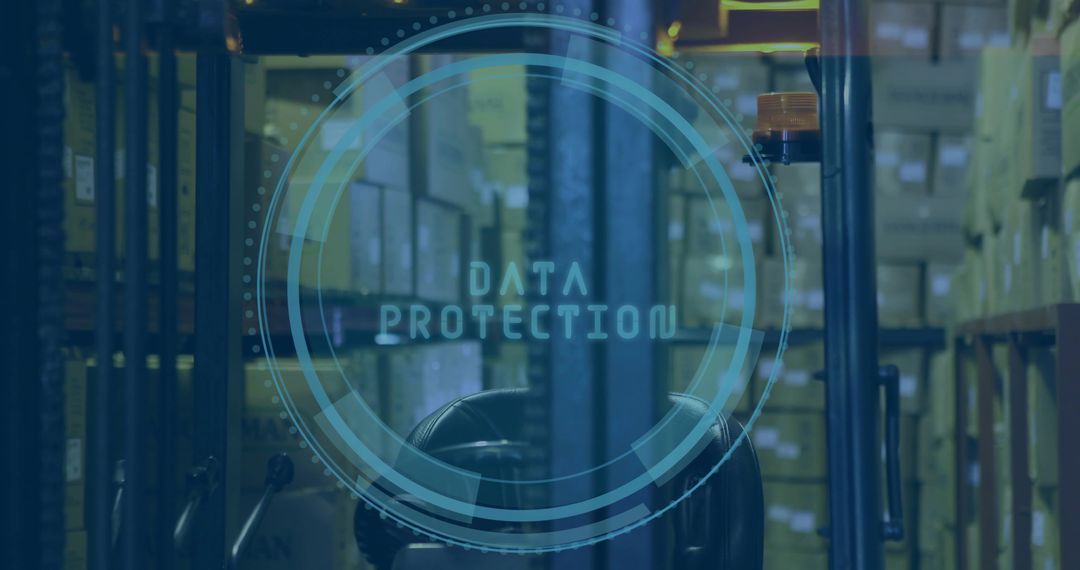 Forklift navigating warehouse aisle projecting data protection overlay for smart logistics