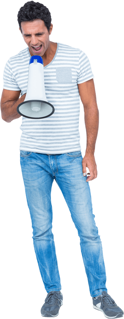 Transparent Energetic Man Shouting Through Megaphone on Plain Background