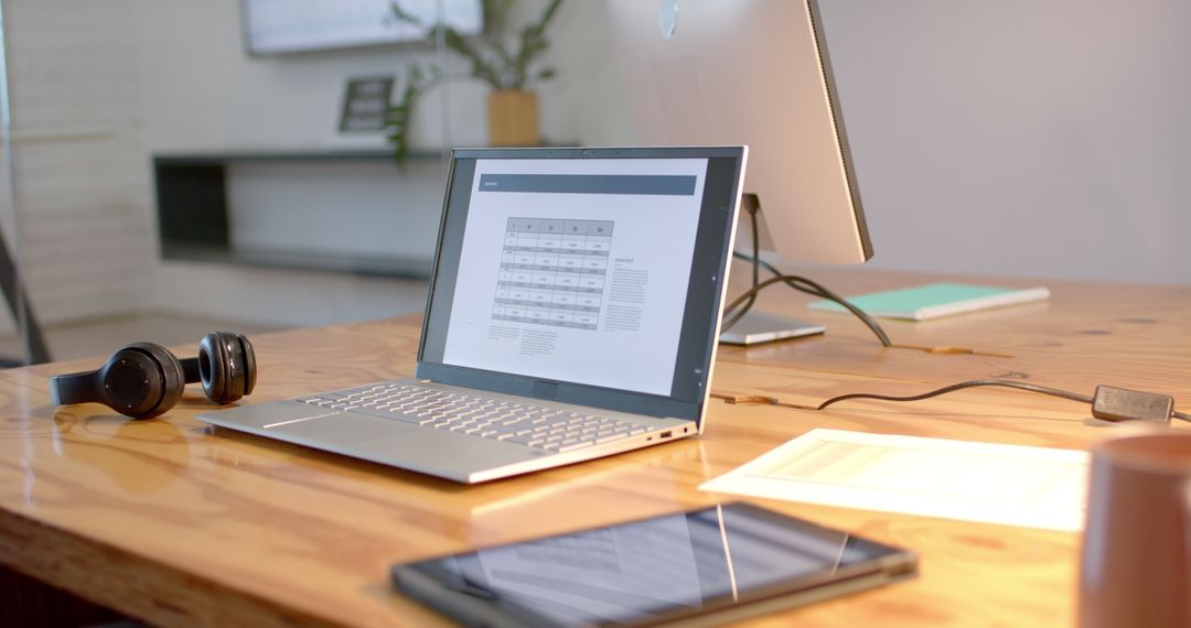 Modern Office Workspace with Laptop and Gadgets Enhancing Productivity