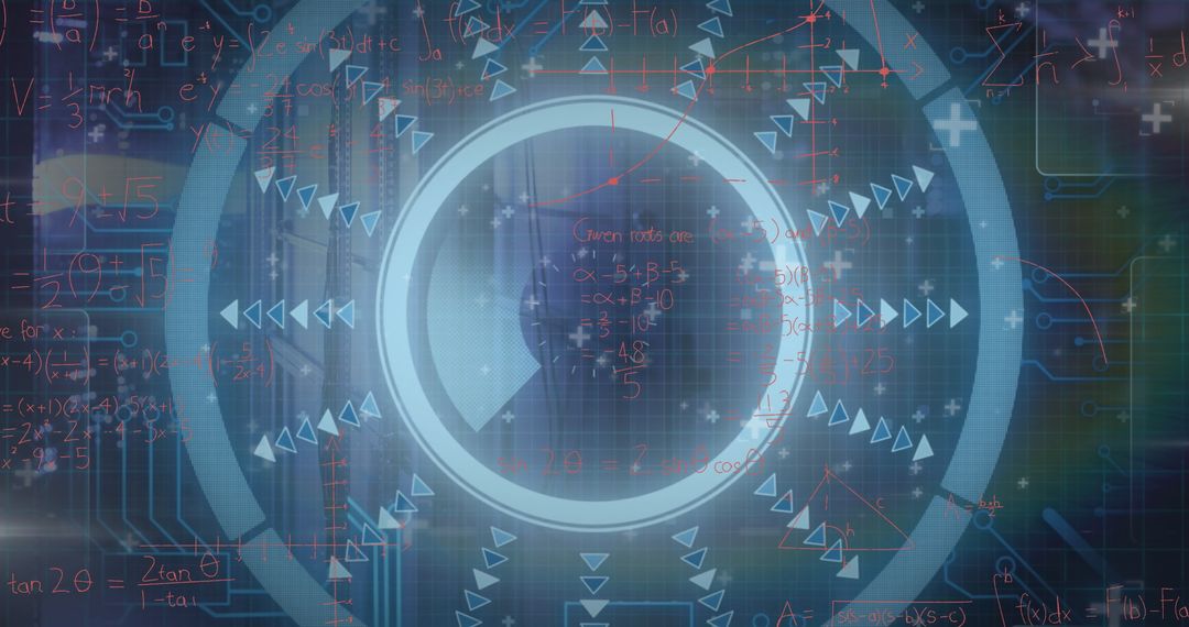 Futuristic Tech Interface with Mathematical Overlay in Server Room