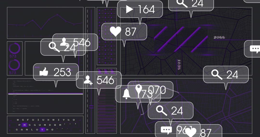 Dark Neon Analytics Dashboard with Social Notification Bubbles and Map Overlays